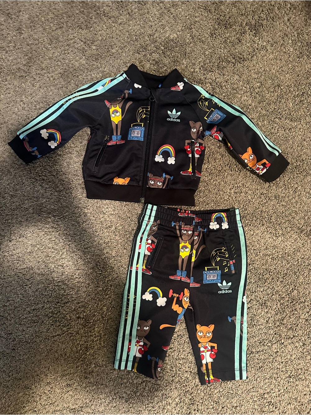 adidas Black Kids Track Jacket & Pants with Mint Stripes and Cartoon Print